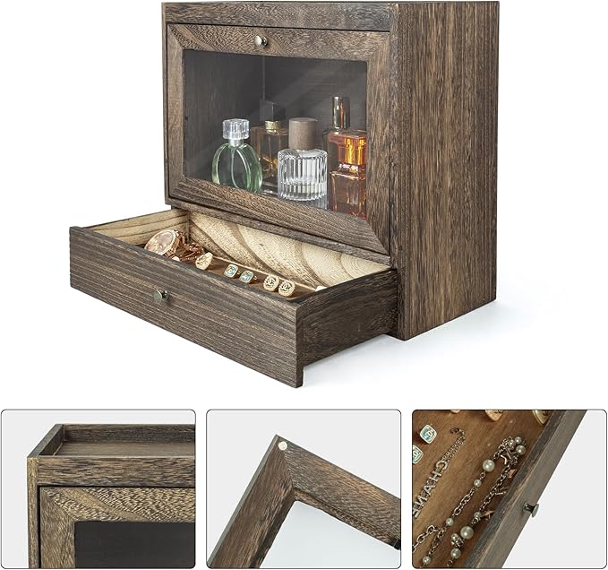 Wooden Cologne Organiser with Acrylic Display & Drawer,Vanity Storage Rack for Perfumes,Jewellery & Cosmetics,Cologne Display Stand for Men & Women,Bedroom and Bathroom Vanity Storage Amber