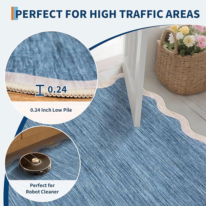 GarveeHome Scalloped Washable Area Rug 6 x 9 Rugs for Living Room Modern Blue Rug Non Slip Throw Rugs Distressed Large Bedroom Rug Low Pile Stain Resistant Carpet for Dining Room Nursery 6'x9' Blue