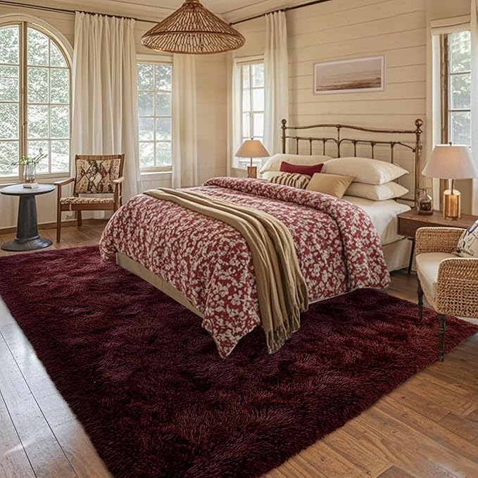 5x7 Red Area Rugs for Living Room Shag Fur Rug,Thick Modern Non-Slip Soft Plush Carpets for Girls Woman Female Wedding Bedroom Home Décor Aesthetic Dark
