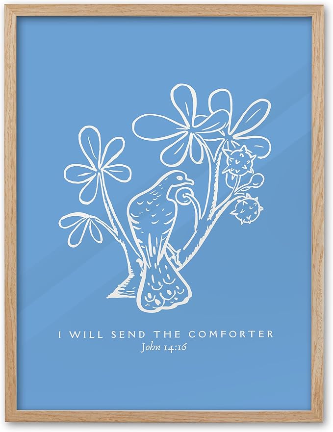 EcoHest OAK Wood Jesus Framed Wall Art, 12x16in John 14:16 I Will Send The Comforter Bible Verse Christian Wall Art, Modern Blue Bedroom Decor For Living Room Bathroom Christian Merch Gift 1Pack