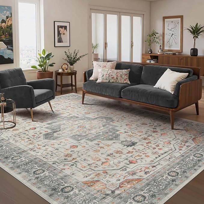 Rugxara 6x9 Tapue Washable Area Rug for Living Room, Vintage Neutral Large Boho Rugs for Office, Dining Room, Kids Room, Farmhouse, Low Pile Non Slip Carpet for High Traffic Areas, Taupe