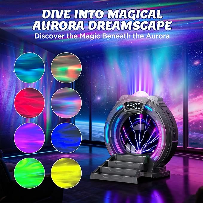 Flumy Galaxy Northern Lights Projector, Plasma Globe Lamp Aurora Projector for Kids with White Noise Alarm Clock, Boys Room Decor with Music, Ideal Gifts for Sci-Fi Fans