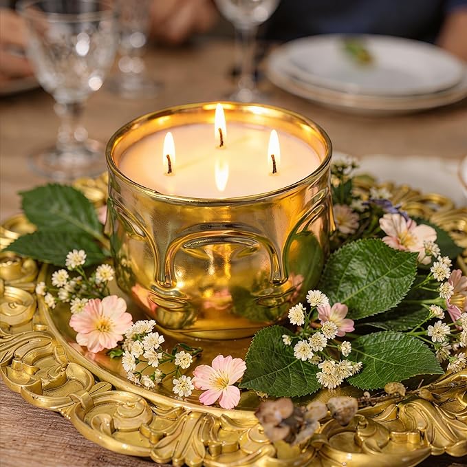 Viyffo 3 Wick Large 20oz Decorative Gold Scented Candle – Vanilla Dreamscape & Spring Spice, Non Toxic Soy Candle in Matte Ceramic Jar, Luxury Home Fragrance, Elegant Spring Décor & Unique Gift