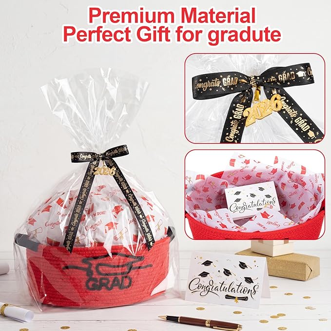 Colingmill 2026 Graduations Gift Basket Empty to Fill, Woven Rope Basket 15" x 11" x 6" Decorative Storage Baskets with Gift Bag, Bow, Tissue Paper & Year Charm(Red,Black,Graduation)