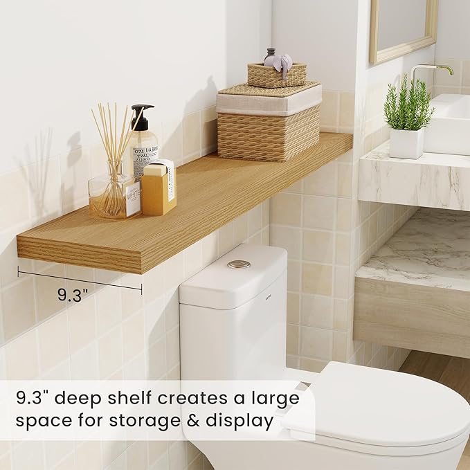Fun Memories 48 Inch Oak Floating Shelves, 9.3 Inch Deep Wall Shelves for Living Room|Bedroom|Kitchen, Rusitc Wall Mounted Bathroom Shelves 2 Pack, Heavy-Duty Deep Shelf for Books，Decor