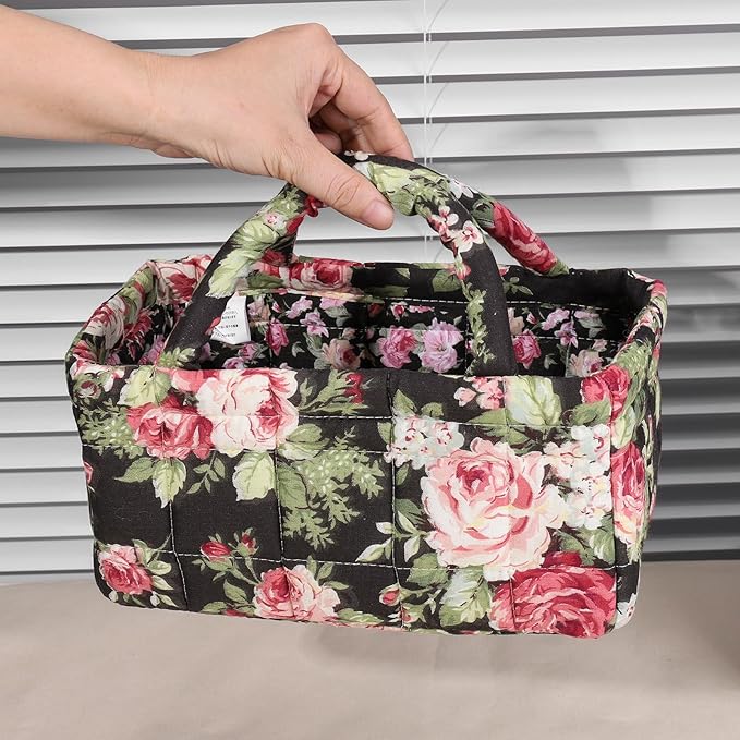Small Storage Basket Organizer, Mini Quilted Fabric Basket with Handle, Collapsible Storage Bin for Socks, Keys, Diapers