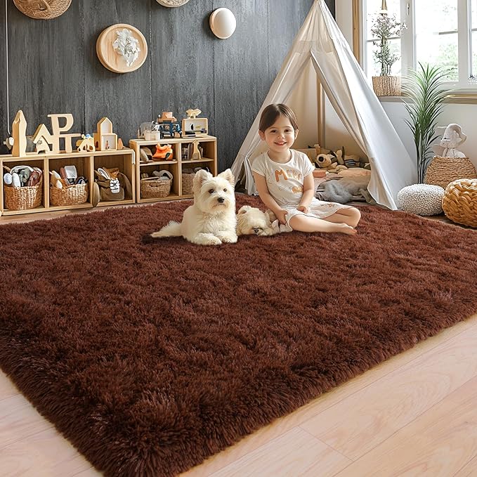 Area Rugs 9x12 for Living Room, Ultra Soft Fluffy Rugs for Bedroom, Non-Slip Furry Large Rug for Teen Girls and Boys,Nursery Kids Room Dorm Home Decor, High Pile Plush Floor Carpet, Brown