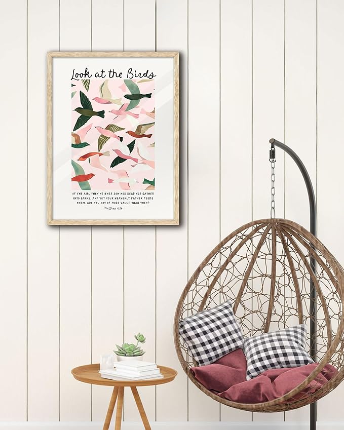 EcoHest OAK Wood Framed Wall Art, 12x16in Matthew 6 Look At the Birds of the Air Bible Verse Christian Wall Art, Modern Bedroom Decor For Living Room Bathroom Religious Gift 1Pack