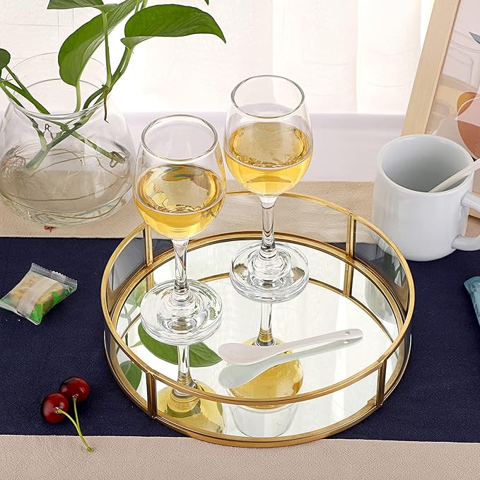 ELLDOO Gold Round Glass Decorative Tray, 9.9inch Metal Mirrored Jewelry Tray, Makeup Perfume Organizer for Bathroom Sink Vanity Dresser