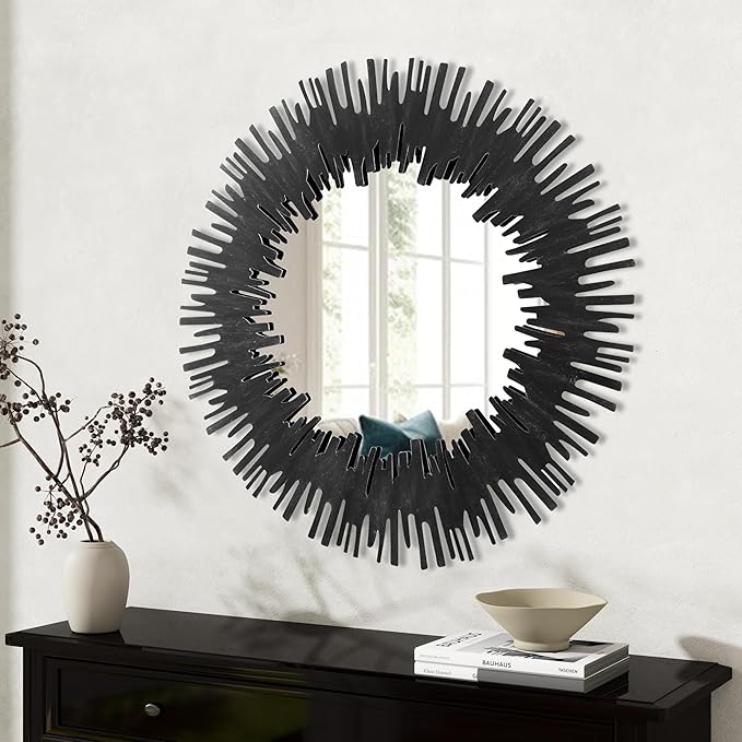 SHYFOY Sunburst Decorative Mirror Wall with Metal Frame, Large Round Decorative Mirrors Black Art Mirror for Wall Decor for Living Room Entryway Hallway Bedroom