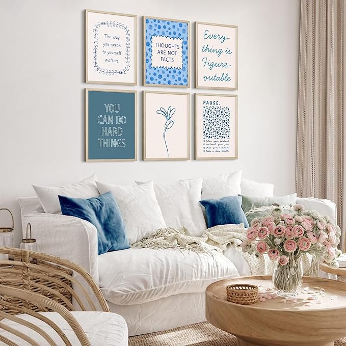 Mental Health Wall Decor Therapy Office Canvas Wall Art Posters Blue Boho Motivational Picture Psychology Artwork Inspirational Positive Quotes Prints for Counseling Office 8x10 Inch Framed 6Pcs