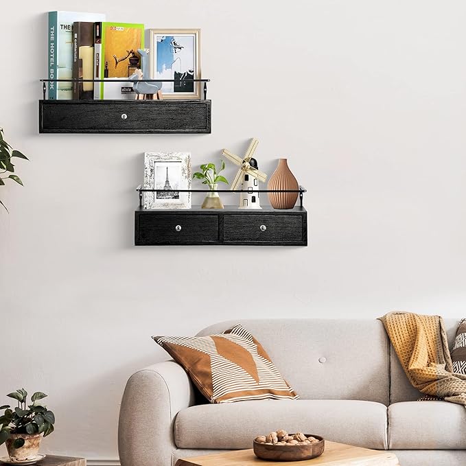dreampossible 2-Pack Rustic Floating Shelves with Drawer, Black, 15.8 Inch Long, Wall-Mounted, Bathroom, Kitchen, Living Room Storage