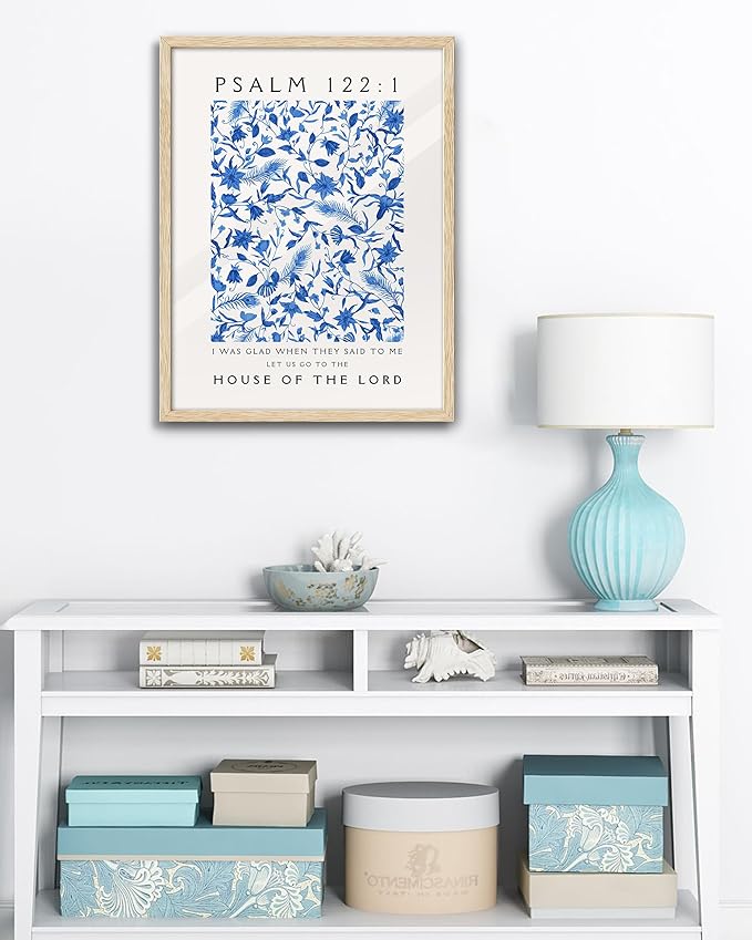 EcoHest Large 16x20in OAK Wood Framed Wall Art, Psalm 122:1 Bible Verse Christian Canvas Wall Decor, Blue Modern Jesus Wall Prints for Bedroom Living Room Bathroom Religious Gift 1 Pack