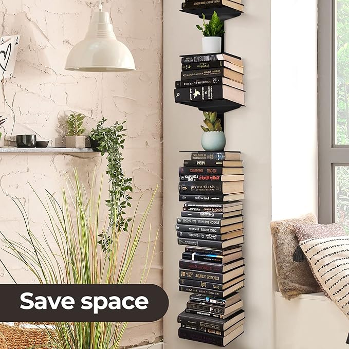 Floating Book Shelves for Wall, 2 Tier Invisible Floating Bookshelf, Vertical Spine Book Tower, Wall Mounted & Space Saving, Heavy Duty Metal Book Organizer for Home Office, 1 Pack Black