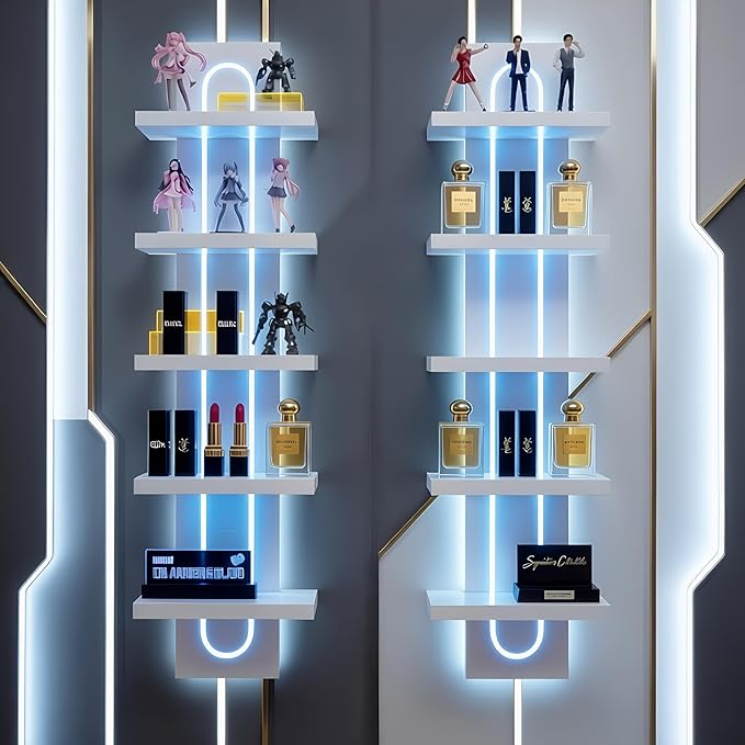 Exclusive U-Shaped 5-Tier Compact Narrow Wall Shelf Unit with RGB Lighting, Modern Vertical Shelf for Vanity, Ideal for Anime Figures, Perfumes, Cosmetics, Collectibles,White