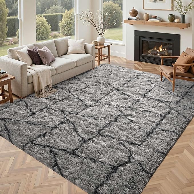 Triangle 5x7 ft Fuzzy Rug for Living Room,Black Bedroom Area Rugs Non-Slip,Carpet for Nursery Kids PlayRoom Indoor Modern Plush Carpets
