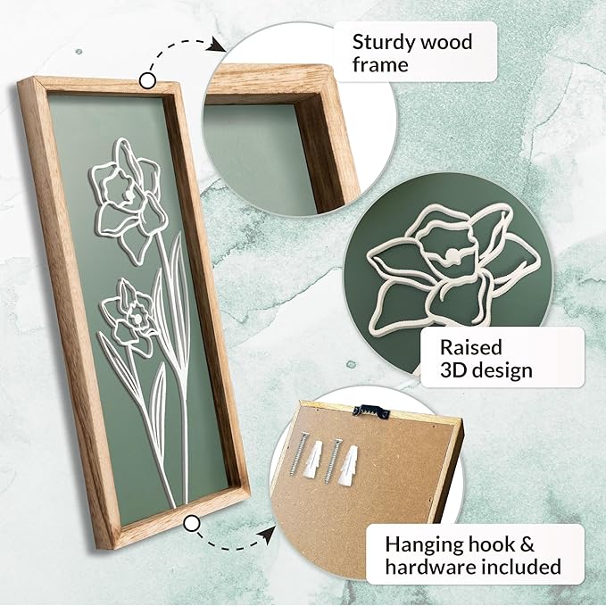 3D Floral Green Wall Art (Set of 2) Lightweight, Wooden Ready-to-Hang Boho Framed Wall Art for Bathroom, Bedroom, Living Room or Office – Premium Sage Green Farmhouse Decor – Gift-Boxed