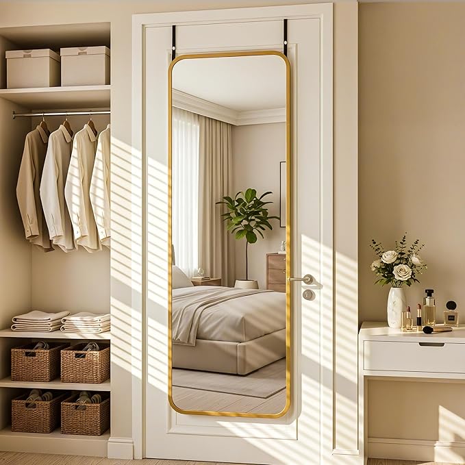 Antok 48''x 14'' Full Length Mirror Over Door, 4-in-1 Standing Leaning Wall Mounted, Adjustable Hanging Mirror for Bedroom Living Room, Gold, Rounded Corner
