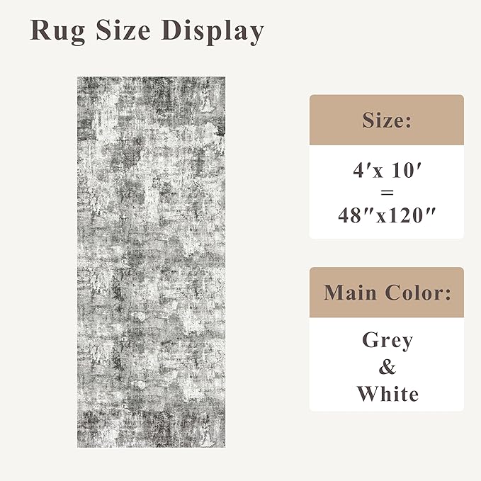 4x10 ft Extra Wide Hallway Rug – Non-Slip Washable Rubber-Backed Large Carpet Runner for Kitchen, Entryway | Modern Abstract, Low-Pile Thin Floor Mat for Bedroom Living Room Dining Room（Grey）