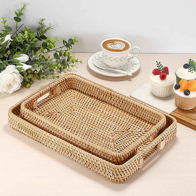 Hipiwe Handwoven Rattan Serving Tray Rectangular Wicker Tray with Handles Natural Decorative Trays for Storage Breakfast, Dessert, Fruit for Coffee Table, 13.4" L x 9.5" W