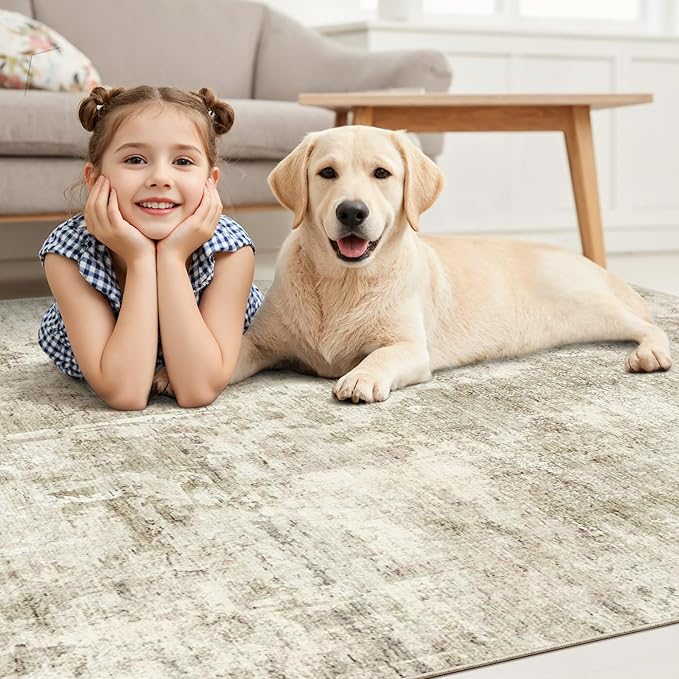 Soalmost 10x14 Area Rugs for Living Room, Non Slip Machine Washable Vintage Carpets, Low Pile Lightweight Large Rug for Bedroom, Dining Room, Home Office Beige Gray