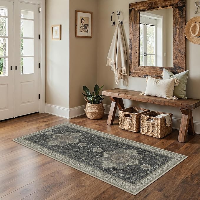 GENIMO 2x10 Runner Rugs for Hallway, Machine Washable Non Slip Vintage Rugs, Low Pile Lightweight Soft Print Rug for enrtyway, Corridor, Home, Office, Kitchen, Muted Charcoal Beige