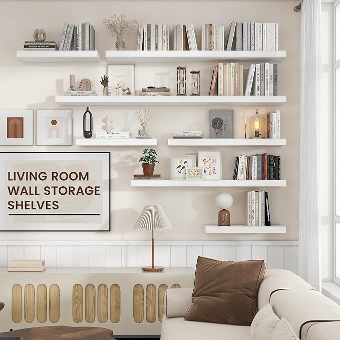 Venusmiles Floating Shelves for Wall, Engineered Wood Wall Shelves with Invisible Brackets for Living Room Bedroom Bathroom Office Kitchen Decor and Storage (White, 36" W x 9" D x 1.5" H) Set of 2