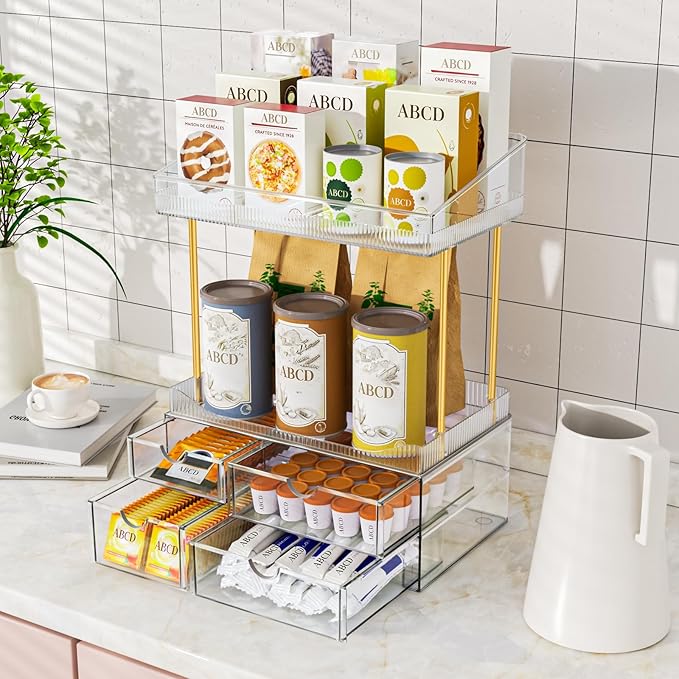 SNSLXH Makeup Organizer Bathroom Storage- 4 Tier 4 Drawer Makeup Storage, Transparent Clear Cosmetics Organiser, Ideal for Cosmetic Perfume Skincare, for Countertop, Bathroom, Office Supplies, Dresser