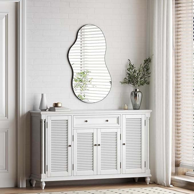 Itrue 20x36 Inch Black Framed Irregular Tempered Glass Wall Mirror, Asymmetrical Vanity Mirror for Bathroom, Bedroom, Entryway