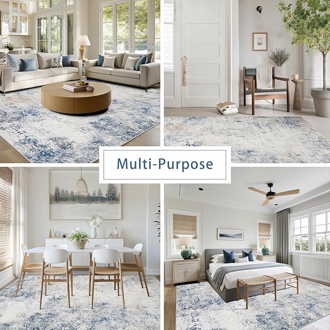 Srugn Washable Rugs 8x10 Area Rugs for Living Room,Modern Abstract Rugs for Bedroom,Large Carpets,Ultra Soft Faux Wool Retro Dining Room Rug,Non Slip&Non-Shedding Low Pile Print Rug- Blue Beige