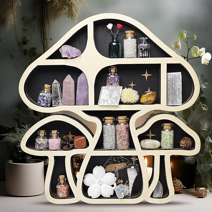 Wooden Mushroom Floating Shelves, Crystal Display Shelf for Wall, Cute Mushroom Wall Decor, Rock Gem Stone Storage Organizer, Essential Oil Holder Hanging Case, Meditation Art Spiritual Gift