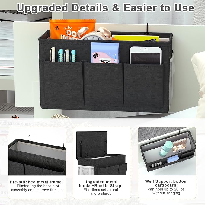 Edudif Dual-purpose Bedside Caddy Bedside Organizer, Bed Caddy with 6 Pockets, Versatile Bedside Storage Solution Magazine Remotes holder, ideal for Home, Dorm, Hospital, Crib Bed (Black 2 pcs)
