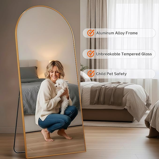 Full Length Mirror 71"x30"Arched with Stand Aluminum Alloy Frame Wall Mountable Tempered Glass Full Body Mirror, Standing Hanging or Leaning Against Wall for Bedroom and Living Room Gold