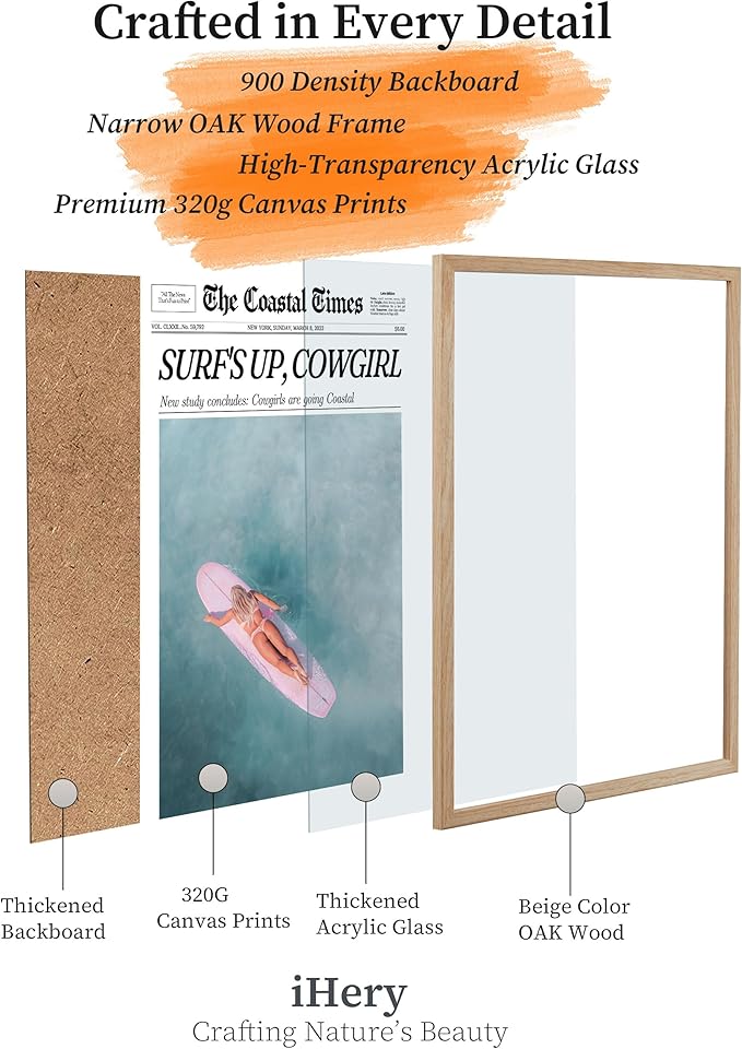 iHery Small Framed Coastal Trendy Cowgirl Wall Art Decor, Natural OAK Wood 8x10in Canvas Newspaper Retro Bedroom Wall Art,Surfer Up Vintage Bar Cart Home Decor For Dorm Living Room 1Pack