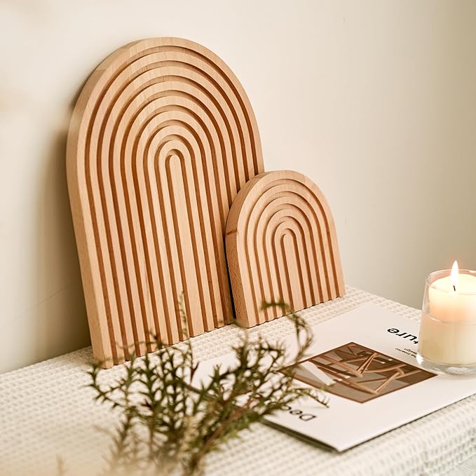 Wood Rainbow Arch - Modern Boho Room Decor for Wall Shelf, Fireplace Mantel, Counter, Table - Aesthetic Home Decoration for Living Room, Kitchen, Bedroom, Office, Nursery, Set of 2