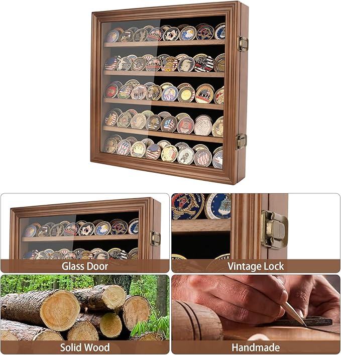Military Challenge Coin Display Case Holder with HD Toughened Glass and Wall Mount, Wooden Coin Stand Rack with Removable 2 Grooves Shelves, Walnut…
