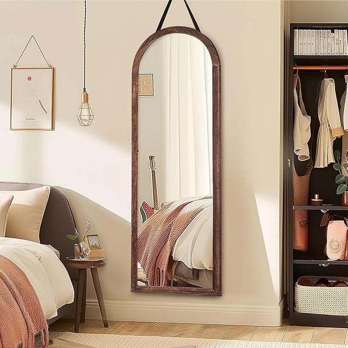 16"x48" Arched Full Length Mirror Solid Wood Wall Mirror with Hanging Strap for Living Room Bathroom Bedroom Entryway - Brown