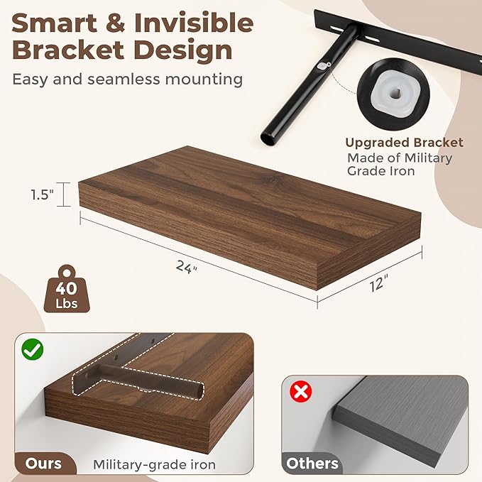 12 Inch Deep Floating Shelves for Wall, 24 x 12 Rustic Wood Grain Bathroom Shelves with Invisible Brackets, Easy Install Wood Storage Shelves for Kitchen, Living Room, Bedroom, Walnut, Set of 2