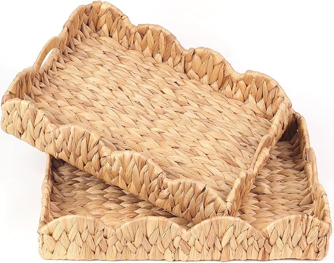 Scalloped Water Hyacinth Tray, Hand-Woven Wicker Storage Baskets with Scalloped Edge and Handles (17x13x3 inch) Rectangular Handwoven Trays, Water Hyacinth Basket, 2 Pack (Light Brown)