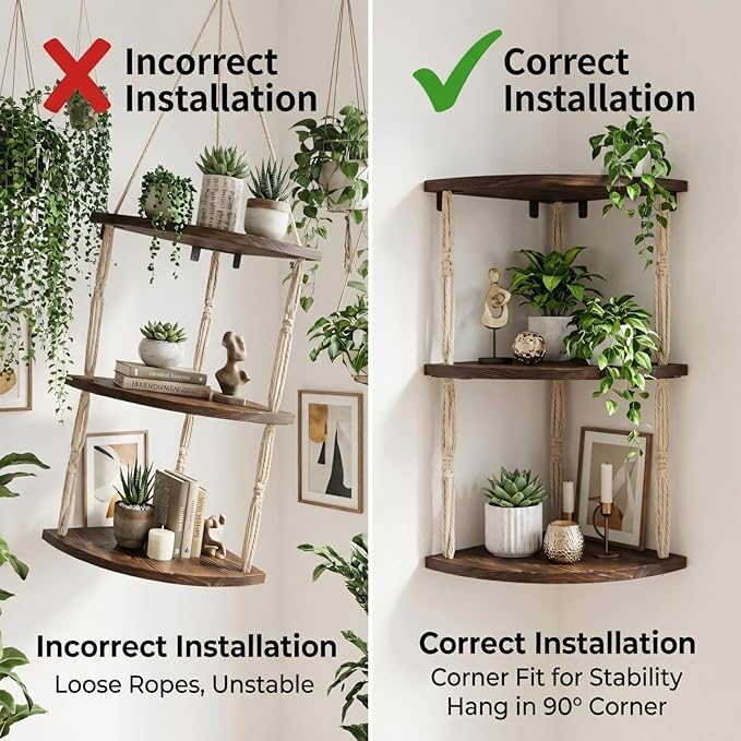 REFGY 3-Tier Corner Floating Shelves with Aesthetic Greenery & Fairy Lights - Premium Wood-Textured Boho Wall Hanging Shelf - Stable L-Bracket Support for Home Decor, Office & Small Spaces