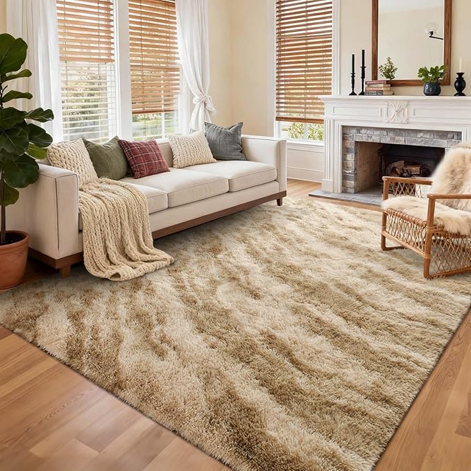 9x12 Ft Extra Large Shag Rugs for Living Room, Ultra Soft Fluffy Furry Area Rugs for Bedroom Indoor Floor, Aesthetic Carpet for Kids Home Decor (Khaki)