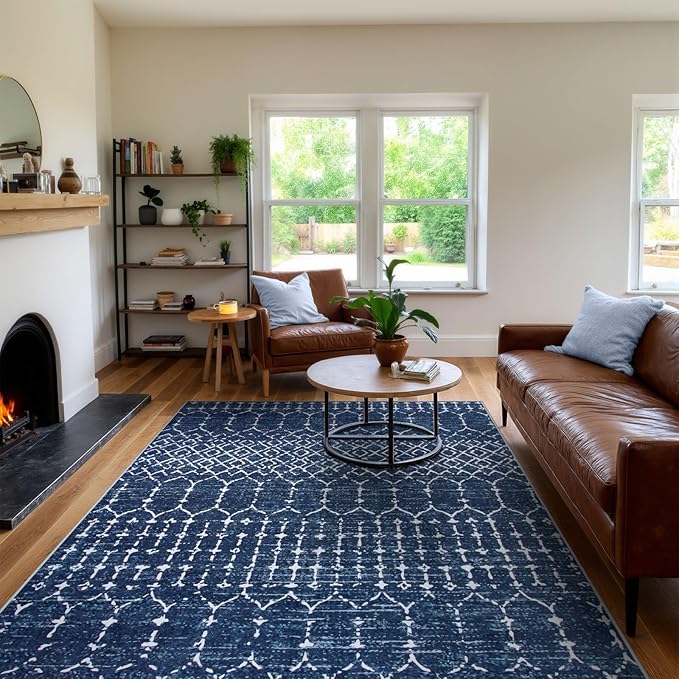 Lahome Moroccan Blue Rugs for Living Room Washable Rugs 8x10 Non-Slip Ultra-Thin Extra Large Area Rug Throw Stain Resistant Rug for Dining Room Table, Geometric Print Modren Rug for Bedroom Hana