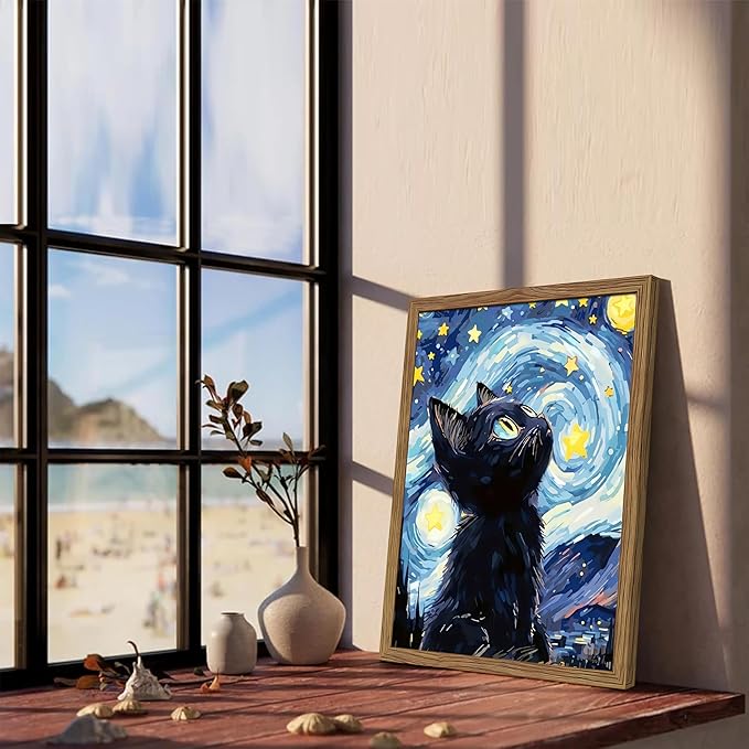 Framed Black Cat Wall Art, Van Gogh Starry Night Canvas Wall Decor, Cute Cat Animal Poster Print Picture, Impressionist Artwork Oil Painting for Bedroom Living Room Nursery 12x16 Inch