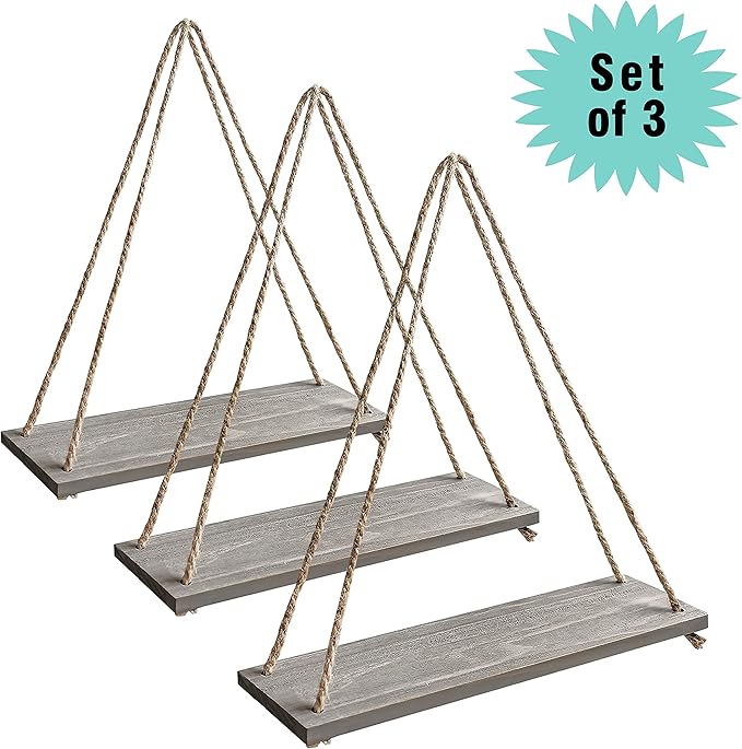 17 x 5 inch Wall Hanging Floating Shelves, Distressed Wood Farmhouse Organizer, Rustic Home Décor for Living Room Bathroom Bedroom Kitchen Apartment, Set of 3, Grey