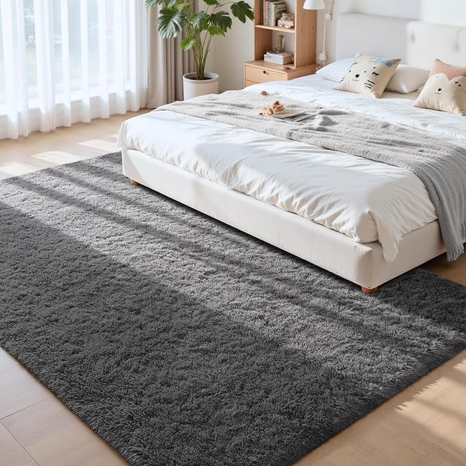 Modern Soft Fluffy Small Shaggy Rug for Bedroom Livingroom Dorm Kids Room Indoor Home Decorative, Non-Slip Plush Furry Fur Area Rugs Comfy Nursery Accent Floor Carpet 9X11 Feet, Smoke Gray