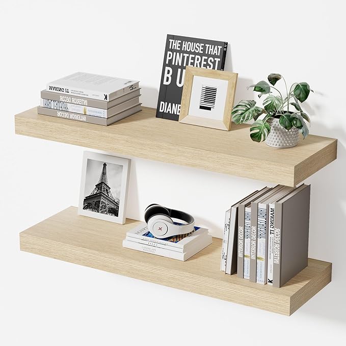 Floating Shelves for Wall, 24" Wall Mounted Shelves, Rustic Farmhouse Decor & Storage for Bathroom, Kitchen, Living Room, Dining Room, with Invisible Brackets, Set of 2, Oak
