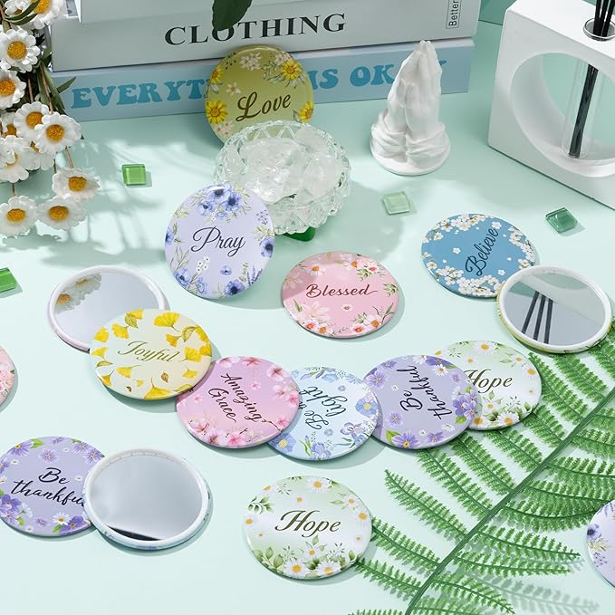 Y1tvei Colorful Floral Mirrors Bulk - 36Pcs Bible Verse Watercolor Flower Inspirational Gift Mini Compact Mirror Portable Round Pocket Makeup Mirror for Women Purse Religious Faith Church Party Favors