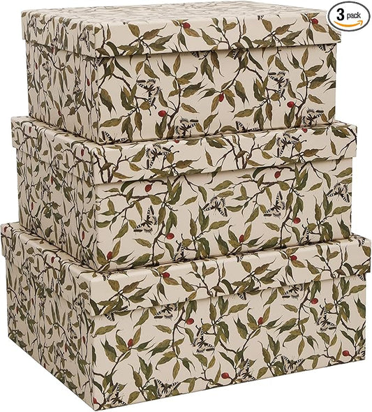 3-Piece Decorative Storage Boxes with Lids, Botanical Leaf & Butterfly Design, Vintage-Inspired Paperboard Keepsake Box Set for Photos, Memories & Decorative Storage