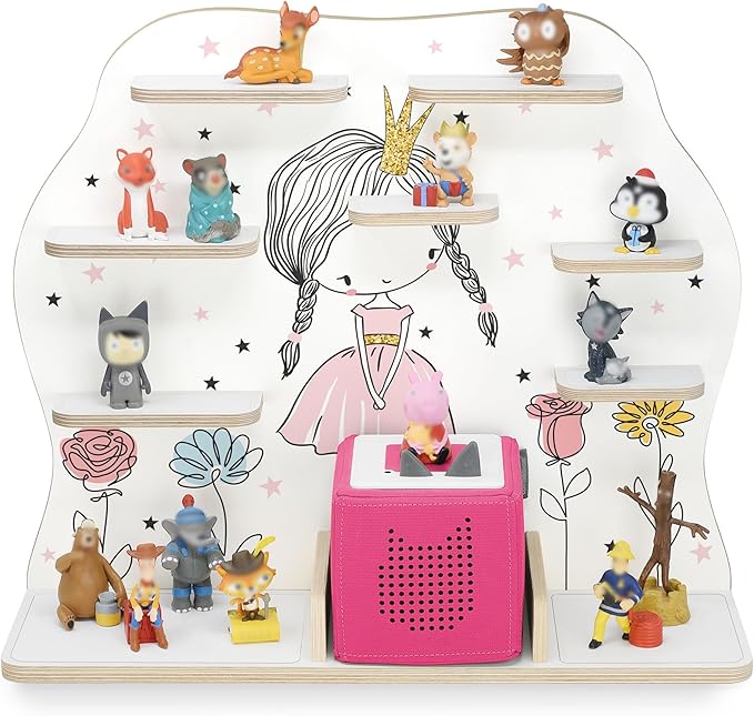 stadtecken Wooden Shelf for Music Box I Suitable for The Toniebox and ca. 50 Tonies I Perfect Storage in The Children's Room I for Setting up or Hanging (Large, Flower Princess)