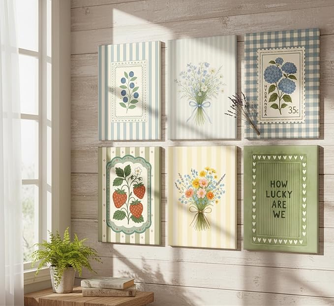 6Pcs Vintage Floral Canvas Wall Art Cottagecore Botanical Painting Picture Wall Decor Vintage Botanical Posters Print Artwork for Girls' Room Bedroom Livingroom Home Decoration